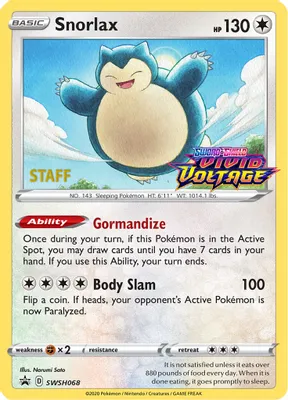Snorlax - SWSH068 (Prerelease) [Staff] from SWSH: Sword & Shield Promo Cards